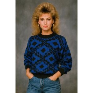 Cheryl Vintage 80s Geometric Sparkle Blue Black Acrylic Lurex Sweater USA Argyle